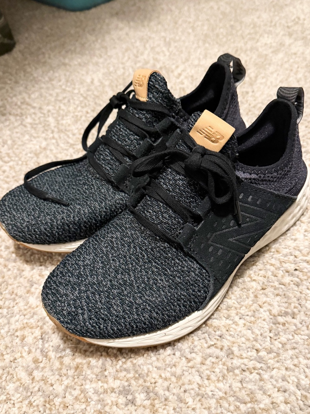 New Balance Black Knit Lace-Up Sneakers with Tan Logo Tab